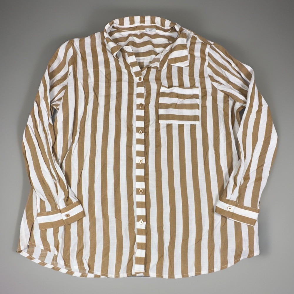STUDIO 1886 Brown White Striped Collared Button Down Tunic Shirt 2XL Blouse EUC
